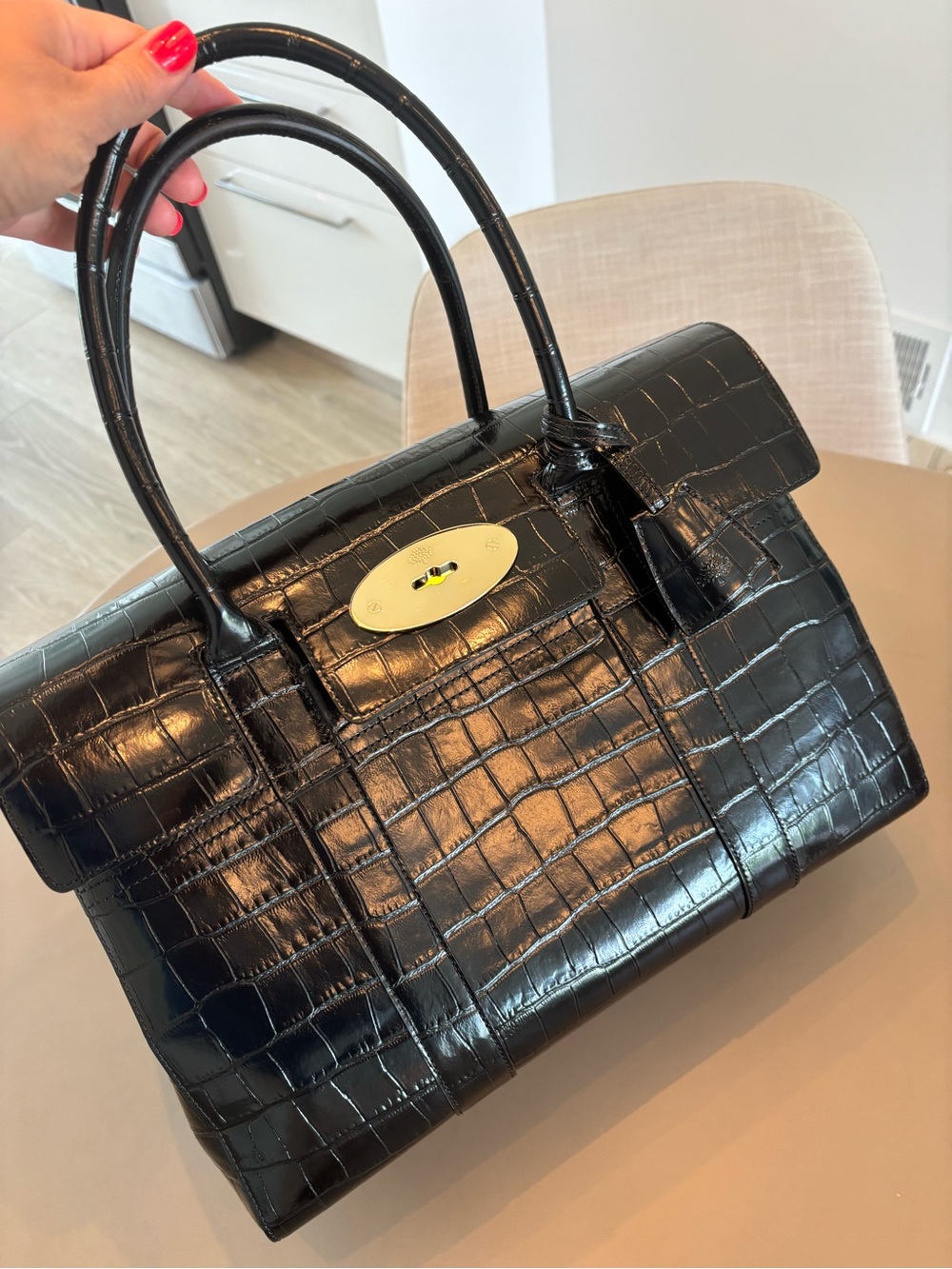 Mulberry Black Croc-Effect Bayswater Top-Handle Satchel with Gold Hardware - Picture 5 of 16